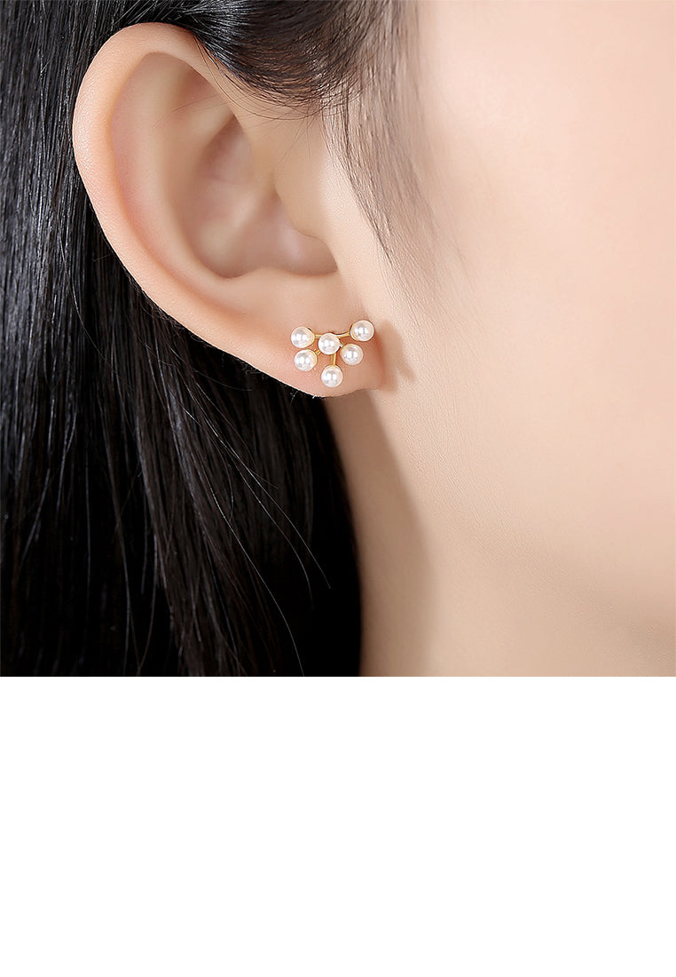 925 Sterling Silver Plated Gold Fashion Elegant Floral Fashion Pearl Stud Earrings - Luxurious Look