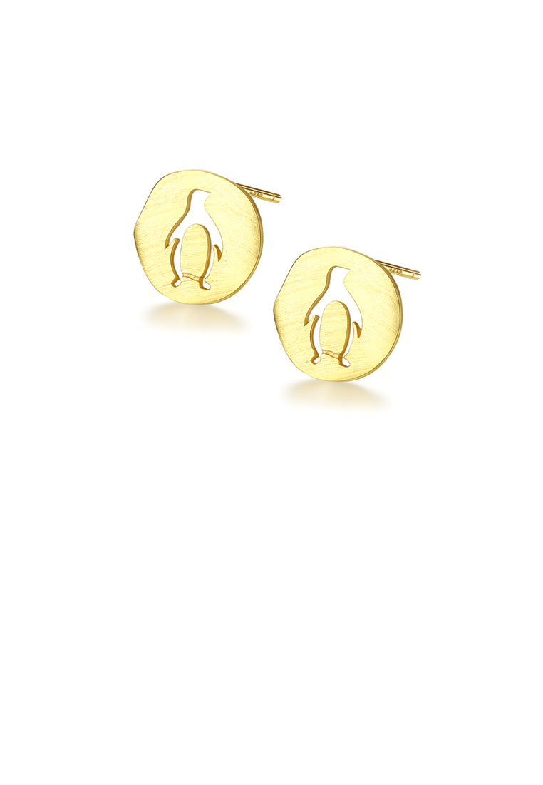 925 Sterling Silver Plated Gold Simple Cute Penguin Geometric Round Stud Earrings