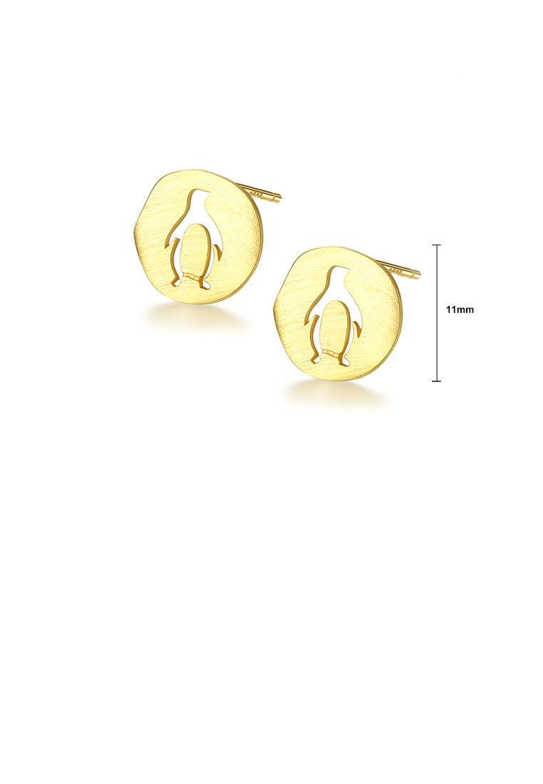 925 Sterling Silver Plated Gold Simple Cute Penguin Geometric Round Stud Earrings