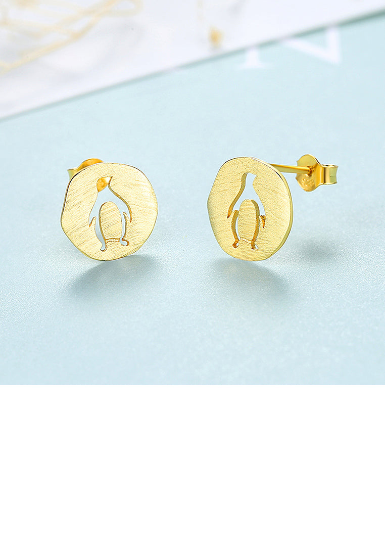 925 Sterling Silver Plated Gold Simple Cute Penguin Geometric Round Stud Earrings