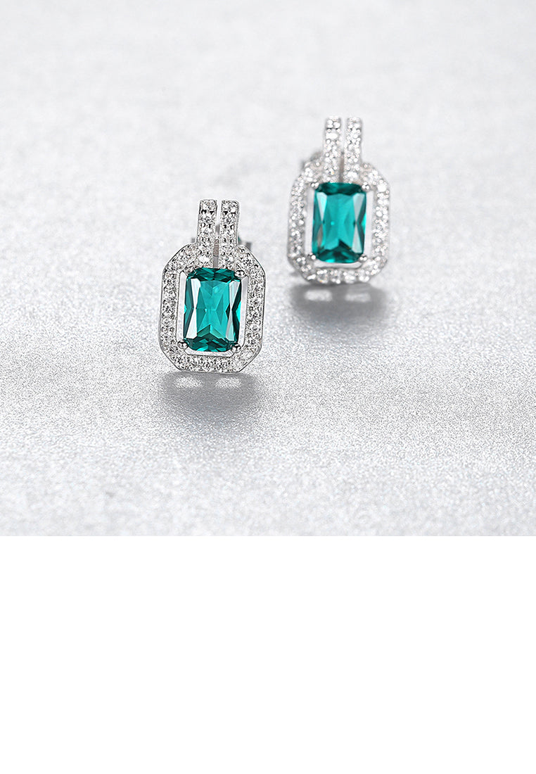 925 Sterling Silver Fashion Bright Geometric Square Earrings with Green Cubic Zirconia - Luxurious Look