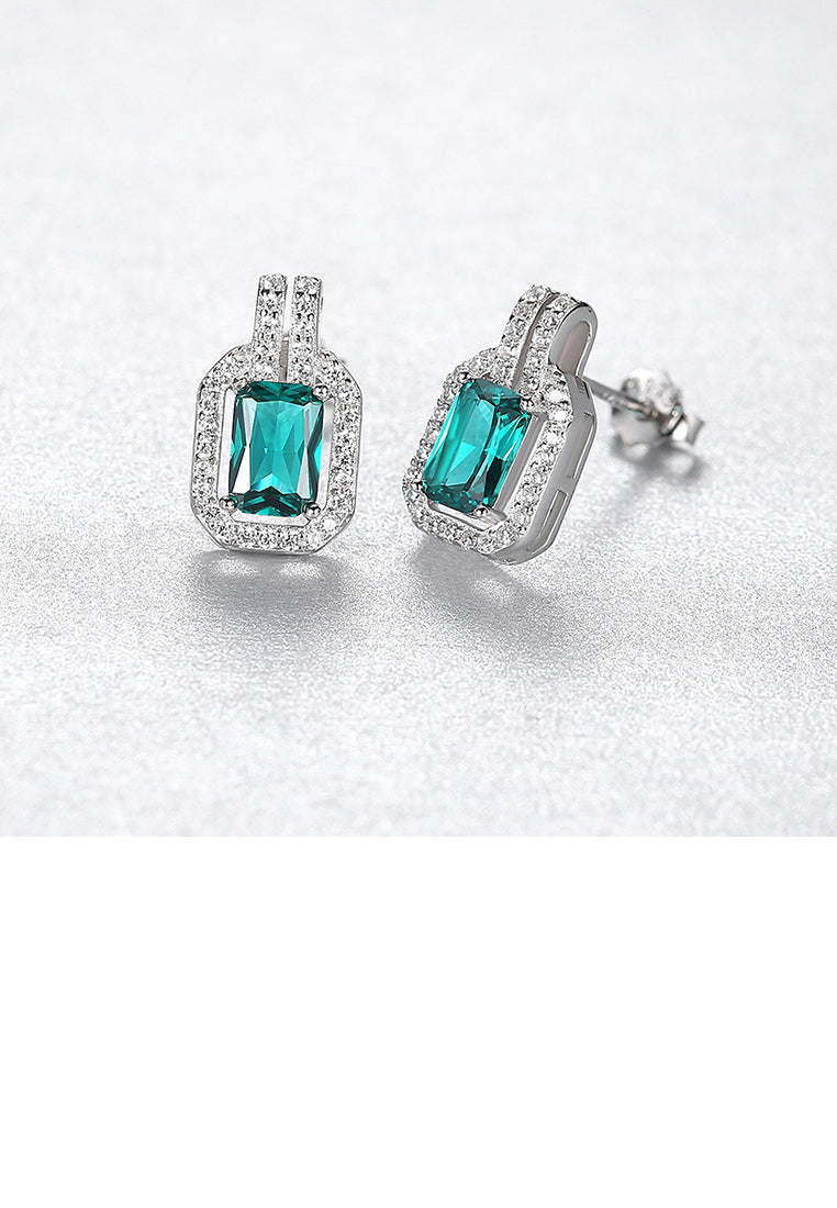 925 Sterling Silver Fashion Bright Geometric Square Earrings with Green Cubic Zirconia - Luxurious Look