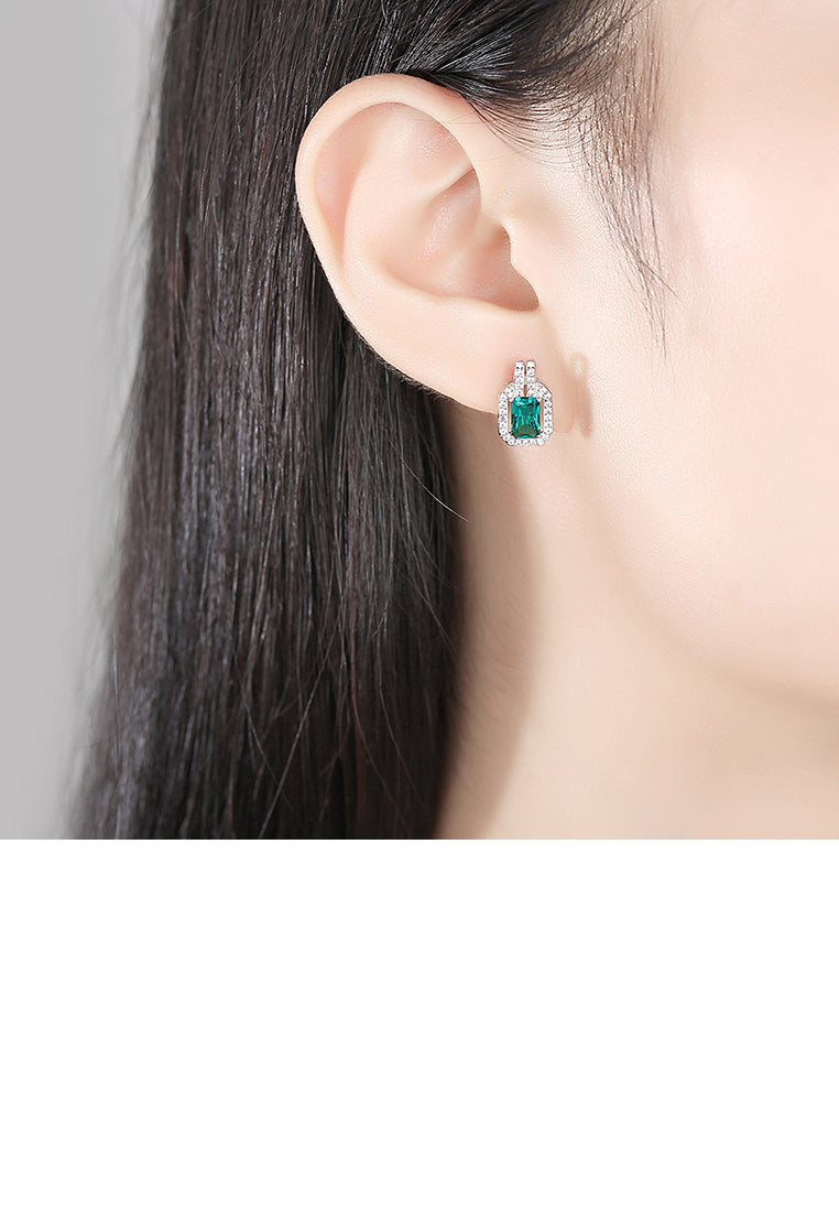 925 Sterling Silver Fashion Bright Geometric Square Earrings with Green Cubic Zirconia - Luxurious Look