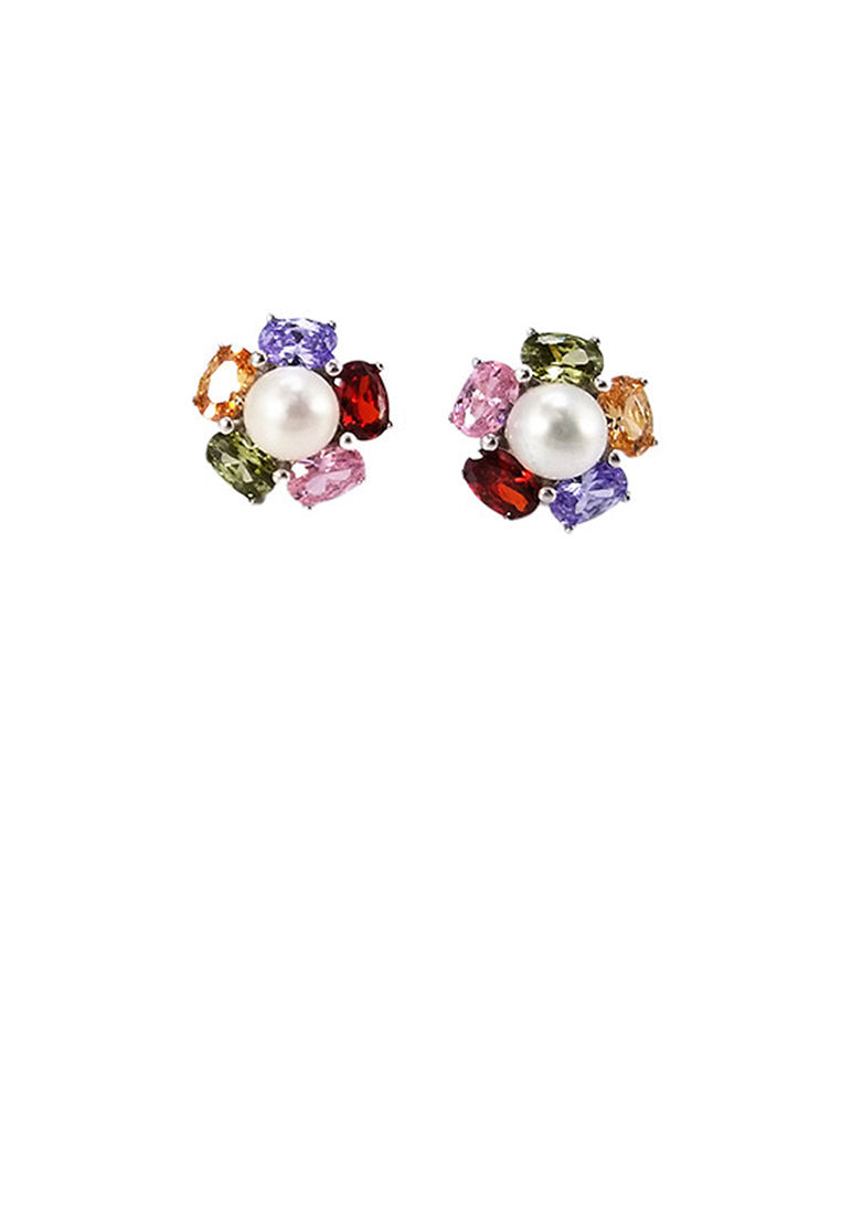 925 Sterling Silver Fashion and Elegant Colored Flowers White Freshwater Pearl Stud Earrings with Cubic Zirconia - Luxurious Look