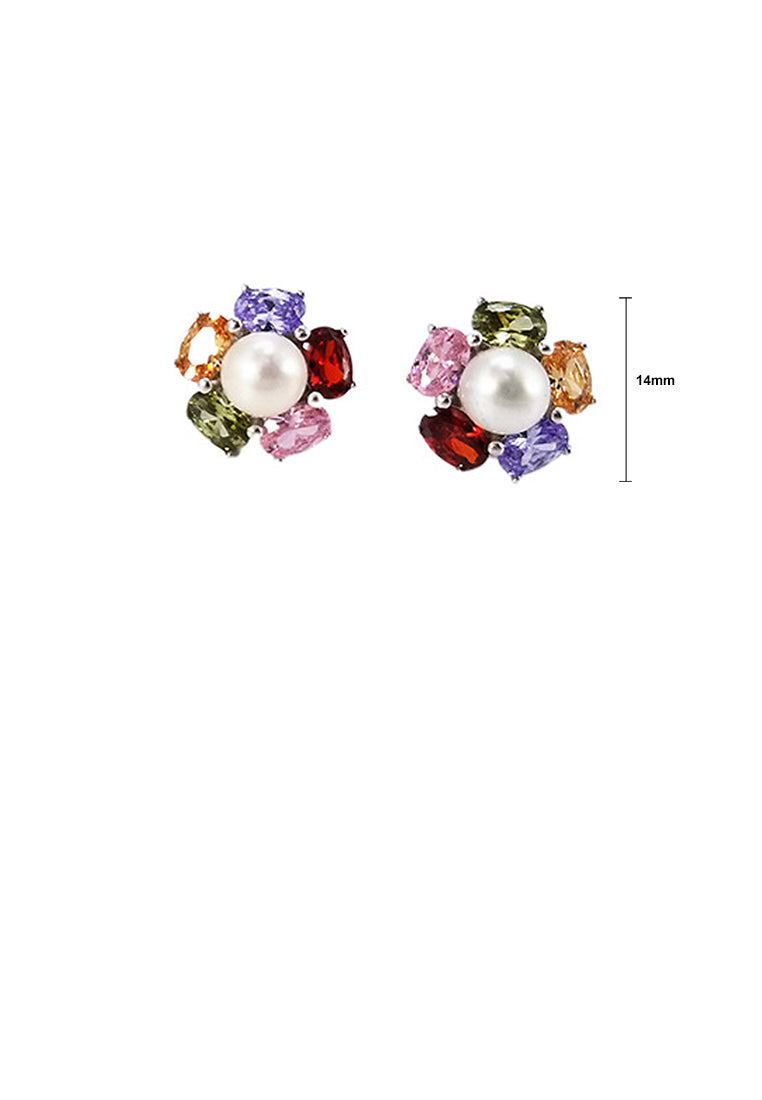 925 Sterling Silver Fashion and Elegant Colored Flowers White Freshwater Pearl Stud Earrings with Cubic Zirconia - Luxurious Look