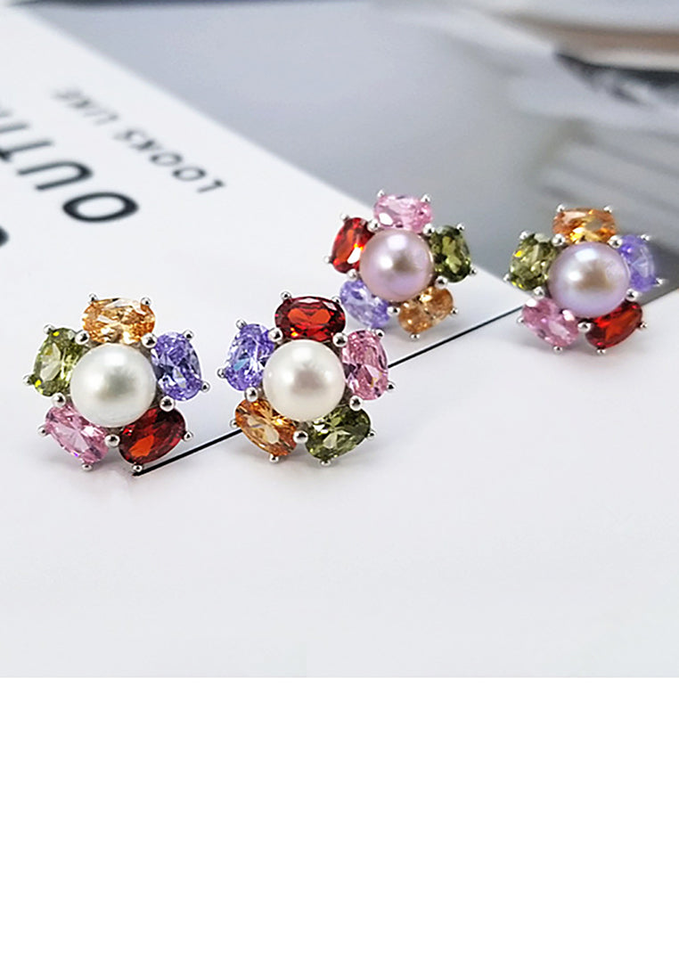 925 Sterling Silver Fashion and Elegant Colored Flowers White Freshwater Pearl Stud Earrings with Cubic Zirconia - Luxurious Look