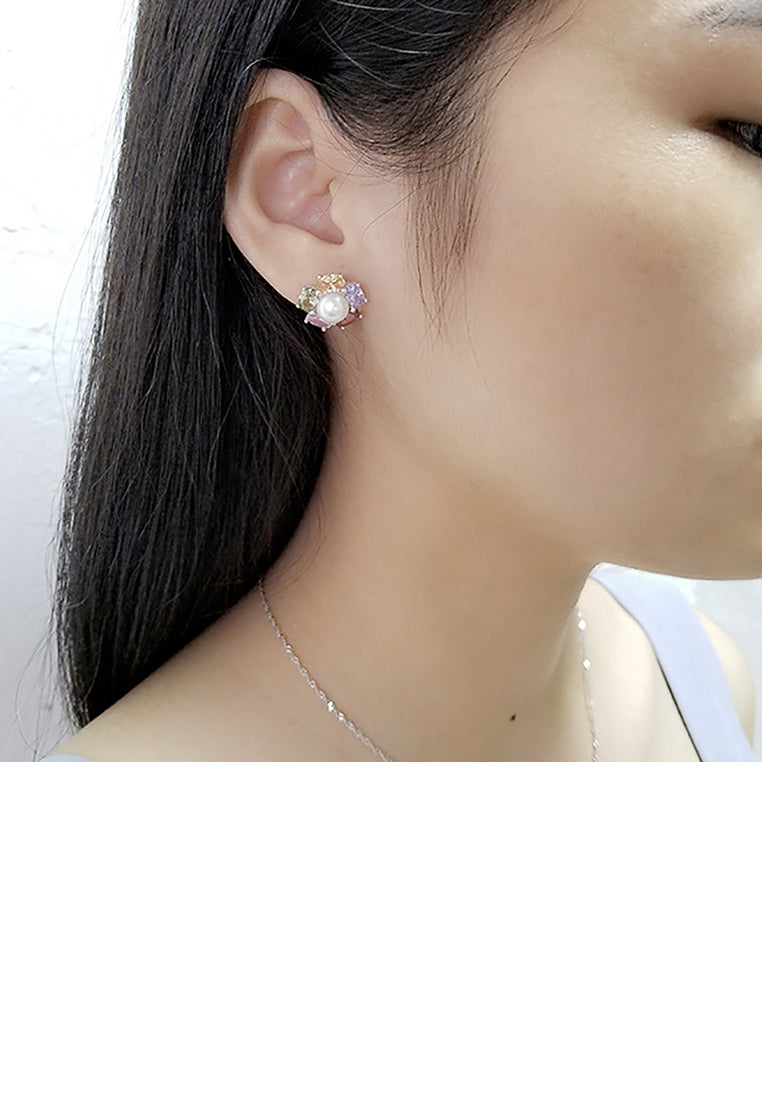 925 Sterling Silver Fashion and Elegant Colored Flowers White Freshwater Pearl Stud Earrings with Cubic Zirconia - Luxurious Look
