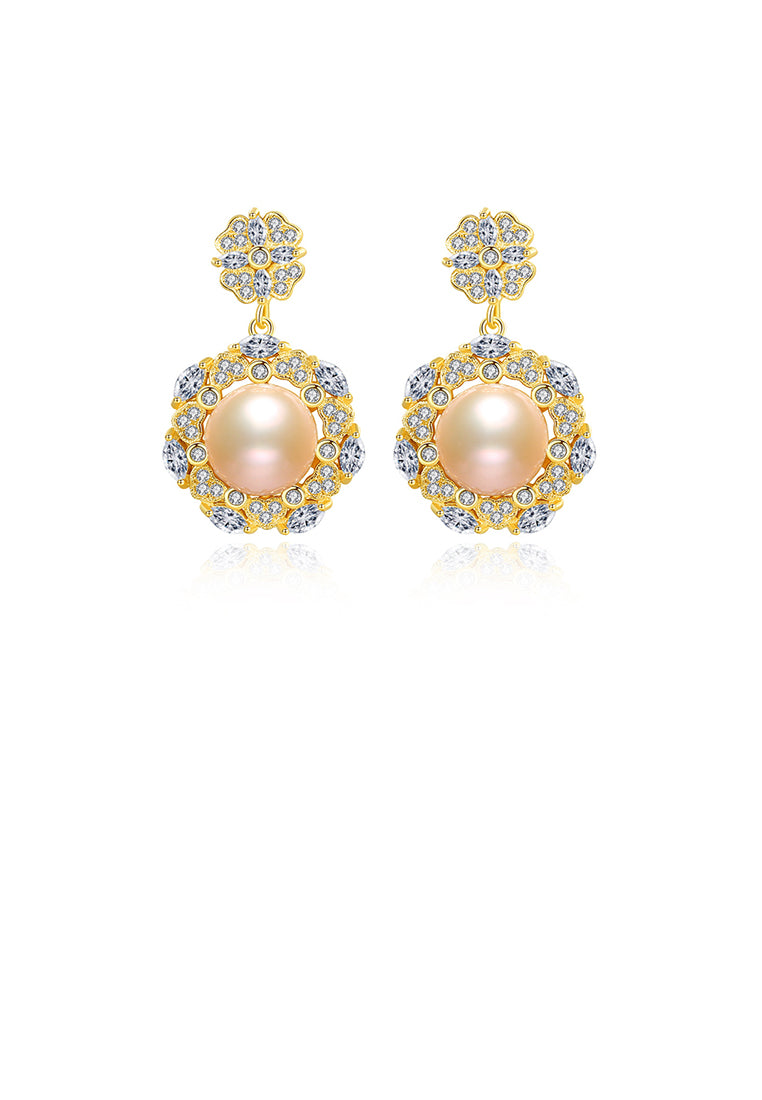 925 Sterling Silver Plated Gold Fashion Elegant Flowers Pink Freshwater Pearl Earrings with Cubic Zirconia - Luxurious Look - Vibrant Color