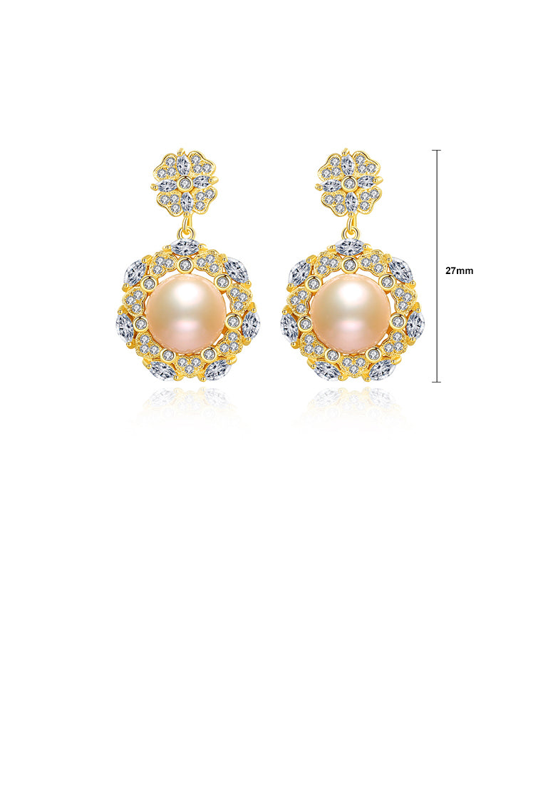 925 Sterling Silver Plated Gold Fashion Elegant Flowers Pink Freshwater Pearl Earrings with Cubic Zirconia - Luxurious Look - Vibrant Color