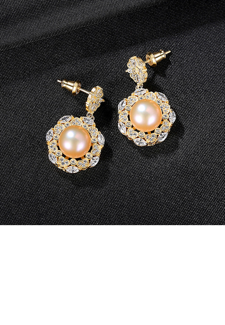 925 Sterling Silver Plated Gold Fashion Elegant Flowers Pink Freshwater Pearl Earrings with Cubic Zirconia - Luxurious Look - Vibrant Color