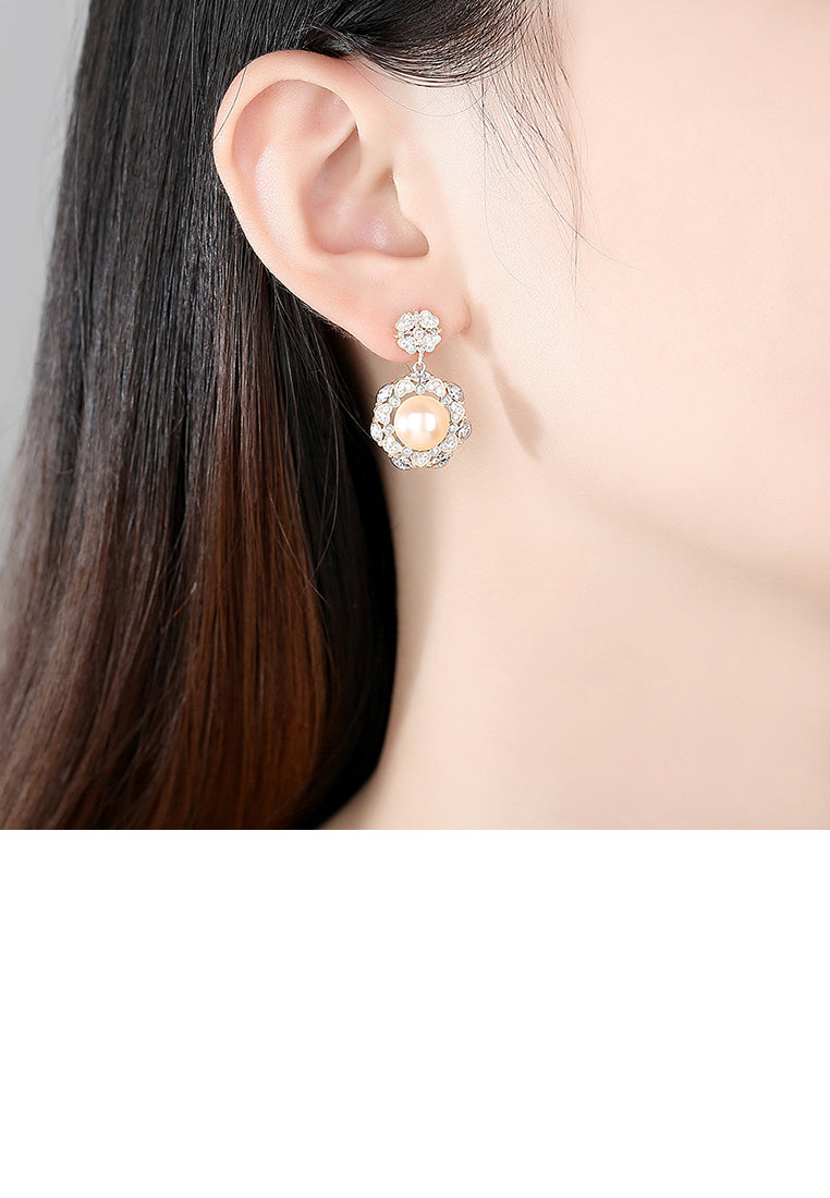 925 Sterling Silver Plated Gold Fashion Elegant Flowers Pink Freshwater Pearl Earrings with Cubic Zirconia - Luxurious Look - Vibrant Color