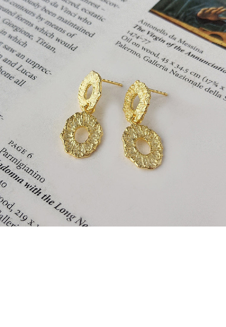 925 Sterling Silver Plated Gold Fashion Statement Irregular Pattern Double Circle Earrings