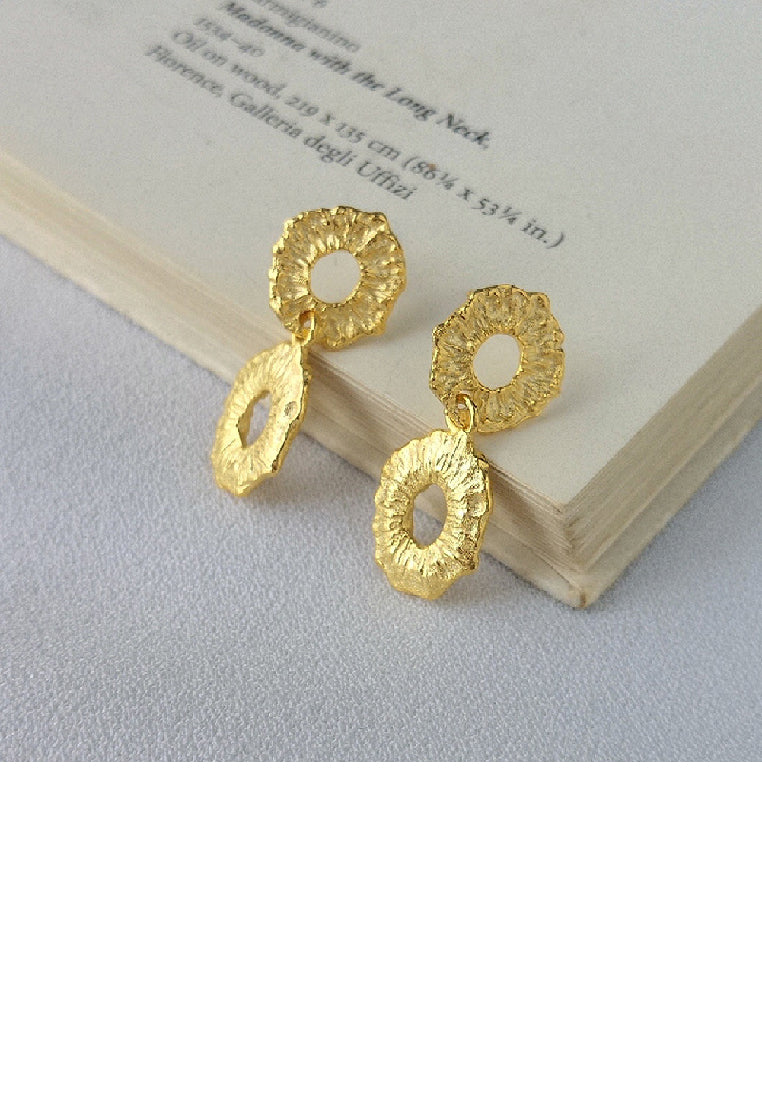 925 Sterling Silver Plated Gold Fashion Statement Irregular Pattern Double Circle Earrings