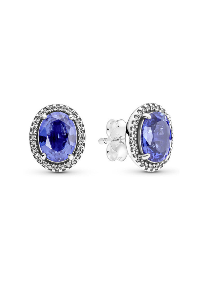 925 Sterling Silver Simple Brilliant Geometric Oval Stud Earrings with Blue Cubic Zirconia - Luxurious Look