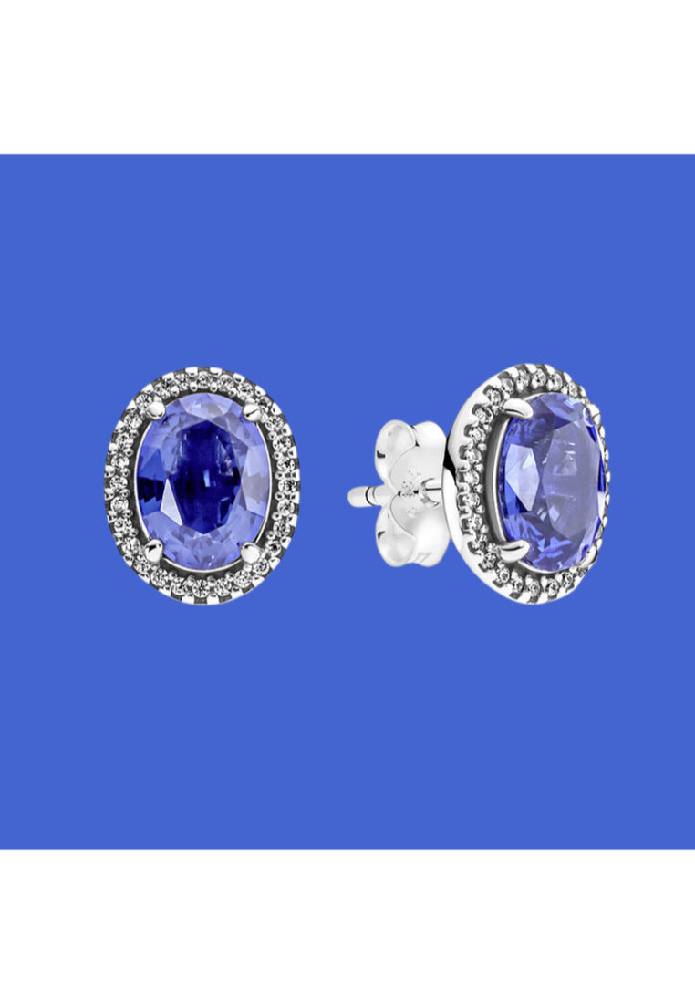 925 Sterling Silver Simple Brilliant Geometric Oval Stud Earrings with Blue Cubic Zirconia - Luxurious Look