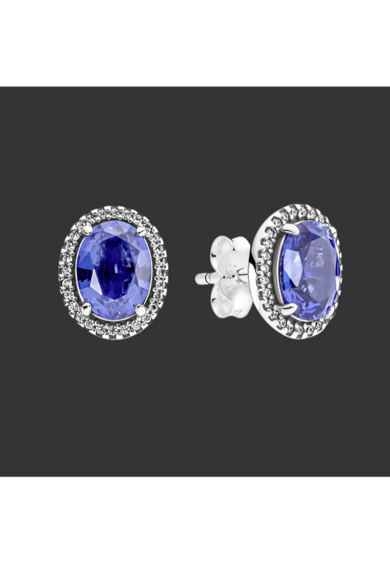925 Sterling Silver Simple Brilliant Geometric Oval Stud Earrings with Blue Cubic Zirconia - Luxurious Look