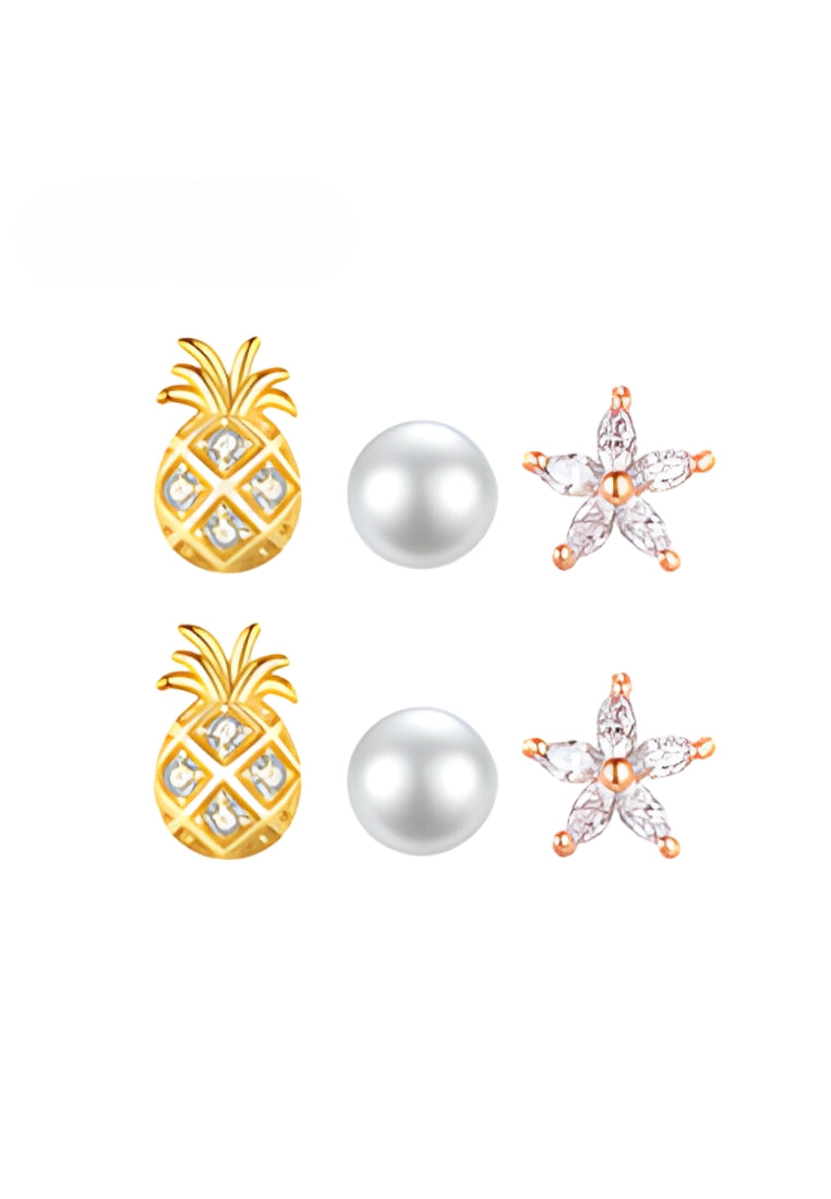 925 Sterling Silver Plated Gold Simple Starfish Small Flower Shell Three-piece Stud Earrings