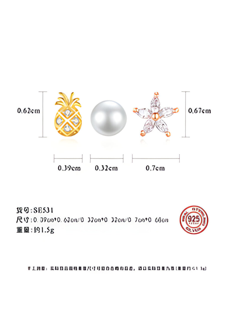 925 Sterling Silver Plated Gold Simple Starfish Small Flower Shell Three-piece Stud Earrings