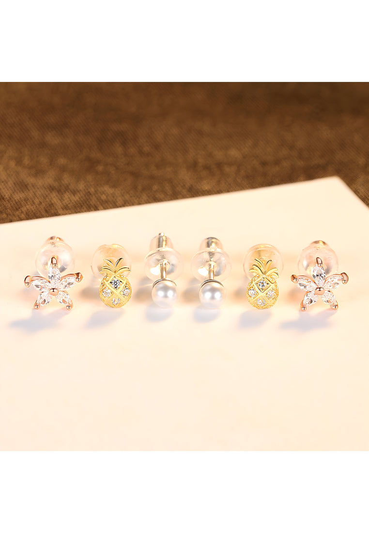 925 Sterling Silver Plated Gold Simple Starfish Small Flower Shell Three-piece Stud Earrings