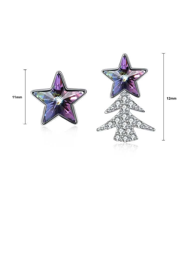 925 Sterling Silver Star Christmas Tree Asymmetric Earrings with Purple Austrian Element Crystal