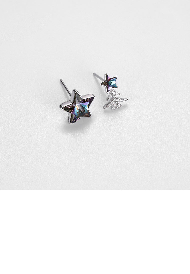 925 Sterling Silver Star Christmas Tree Asymmetric Earrings with Purple Austrian Element Crystal