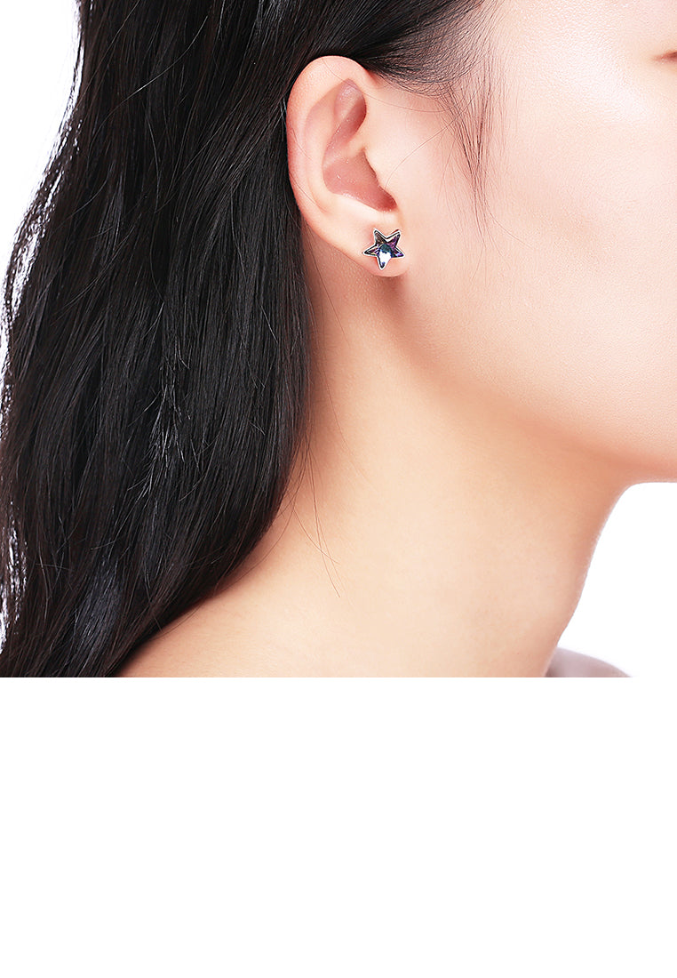 925 Sterling Silver Star Christmas Tree Asymmetric Earrings with Purple Austrian Element Crystal