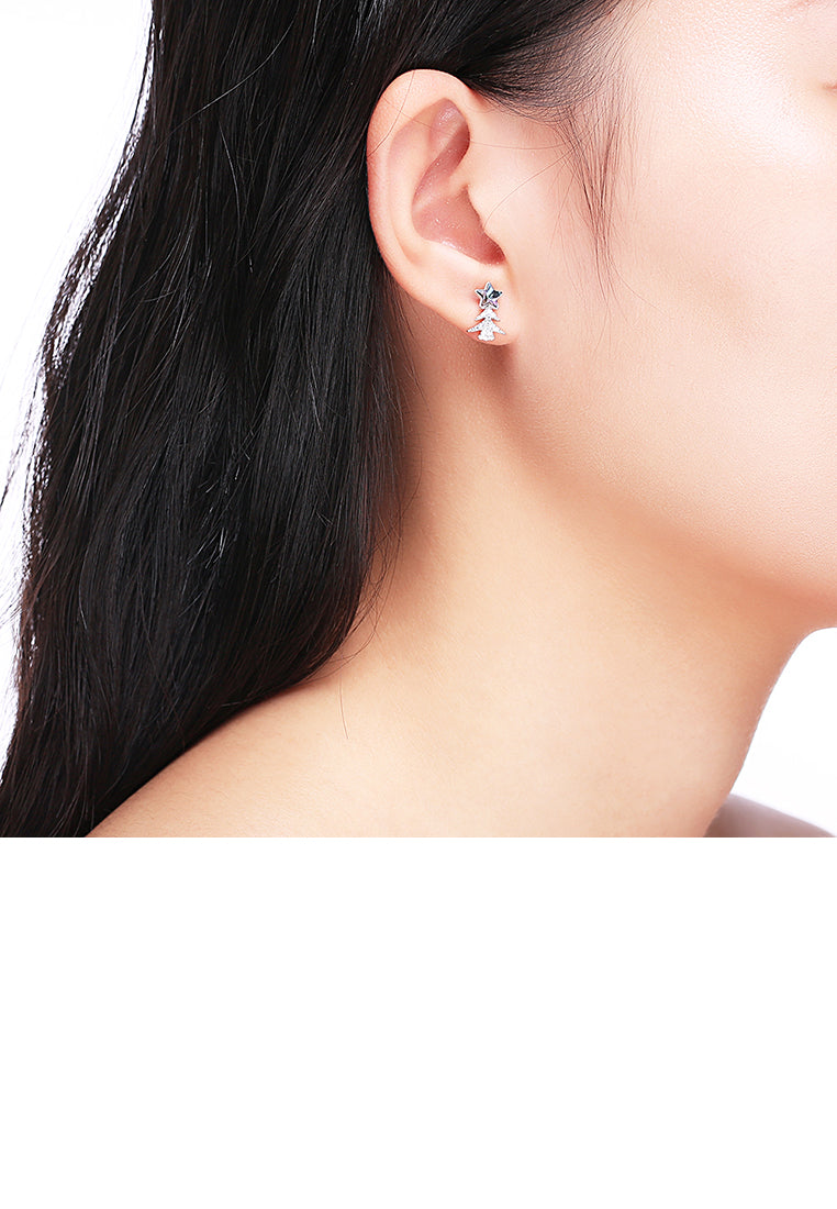 925 Sterling Silver Star Christmas Tree Asymmetric Earrings with Purple Austrian Element Crystal