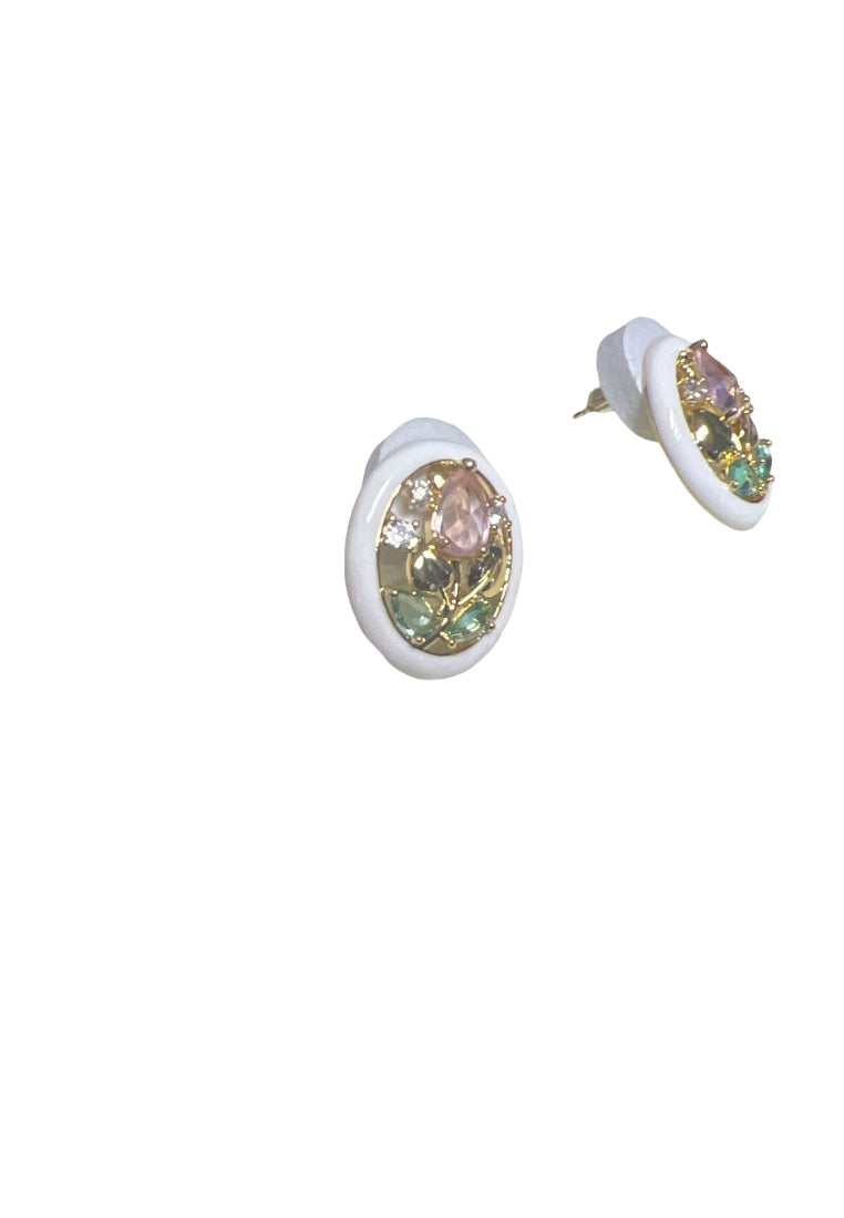 Fashion and Simple Plated Gold Flower Hollow White Oval Stud Earrings with Cubic Zirconia - Luxurious Look