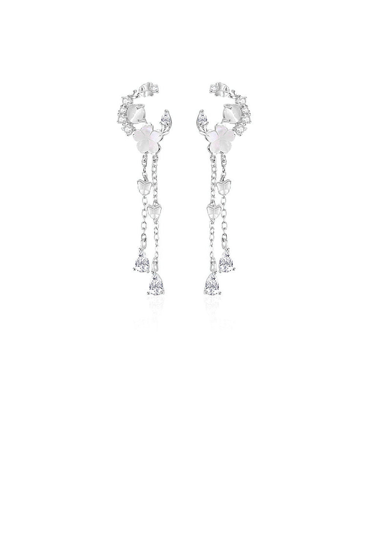 925 Sterling Silver Fashion Temperament Moon Flower Tassel Earrings with Cubic Zirconia - Luxurious Look