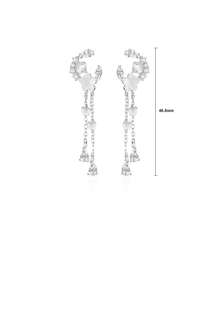 925 Sterling Silver Fashion Temperament Moon Flower Tassel Earrings with Cubic Zirconia - Luxurious Look