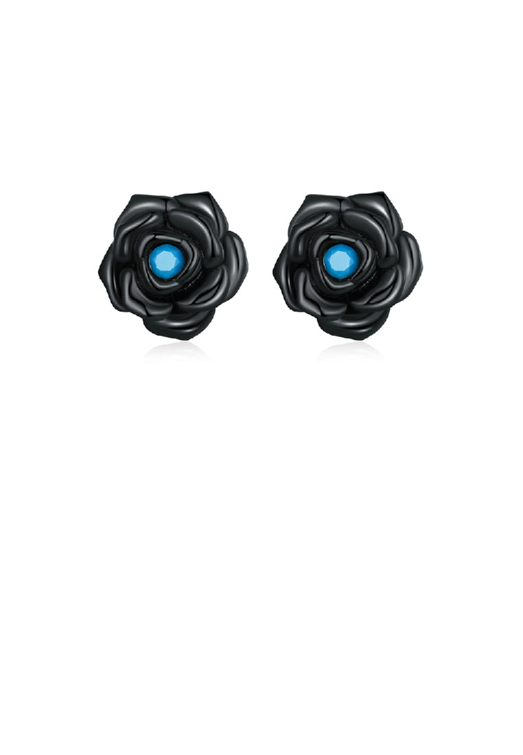 925 Sterling Silver Plated Black Fashion Romantic Rose Stud Earrings with Blue Cubic Zirconia - Luxurious Look