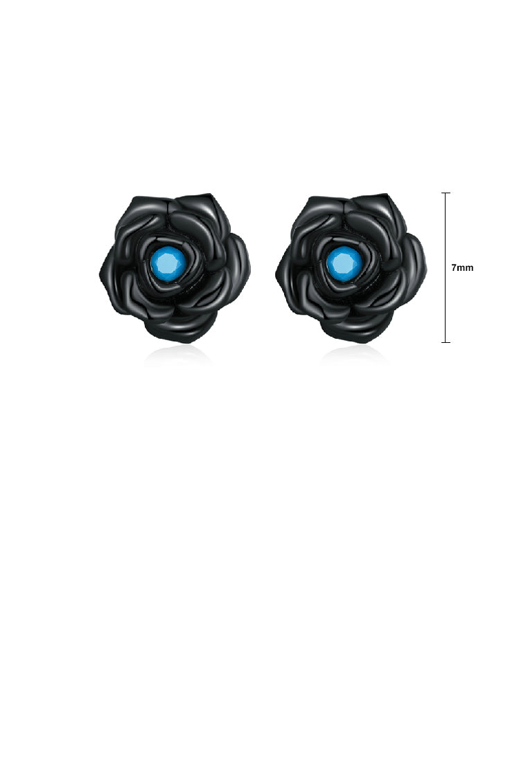 925 Sterling Silver Plated Black Fashion Romantic Rose Stud Earrings with Blue Cubic Zirconia - Luxurious Look