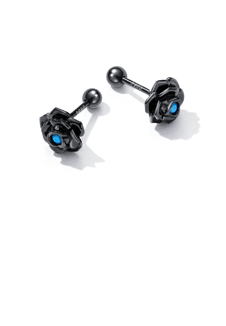 925 Sterling Silver Plated Black Fashion Romantic Rose Stud Earrings with Blue Cubic Zirconia - Luxurious Look