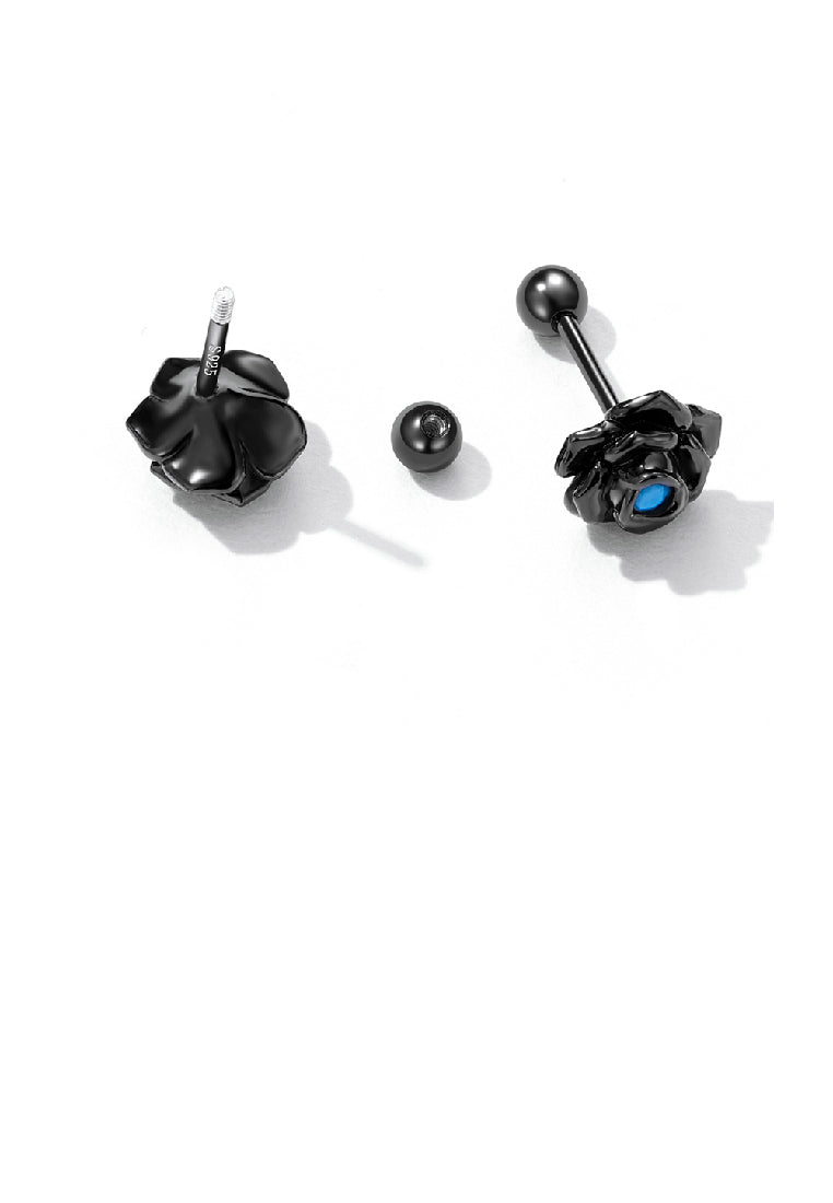 925 Sterling Silver Plated Black Fashion Romantic Rose Stud Earrings with Blue Cubic Zirconia - Luxurious Look