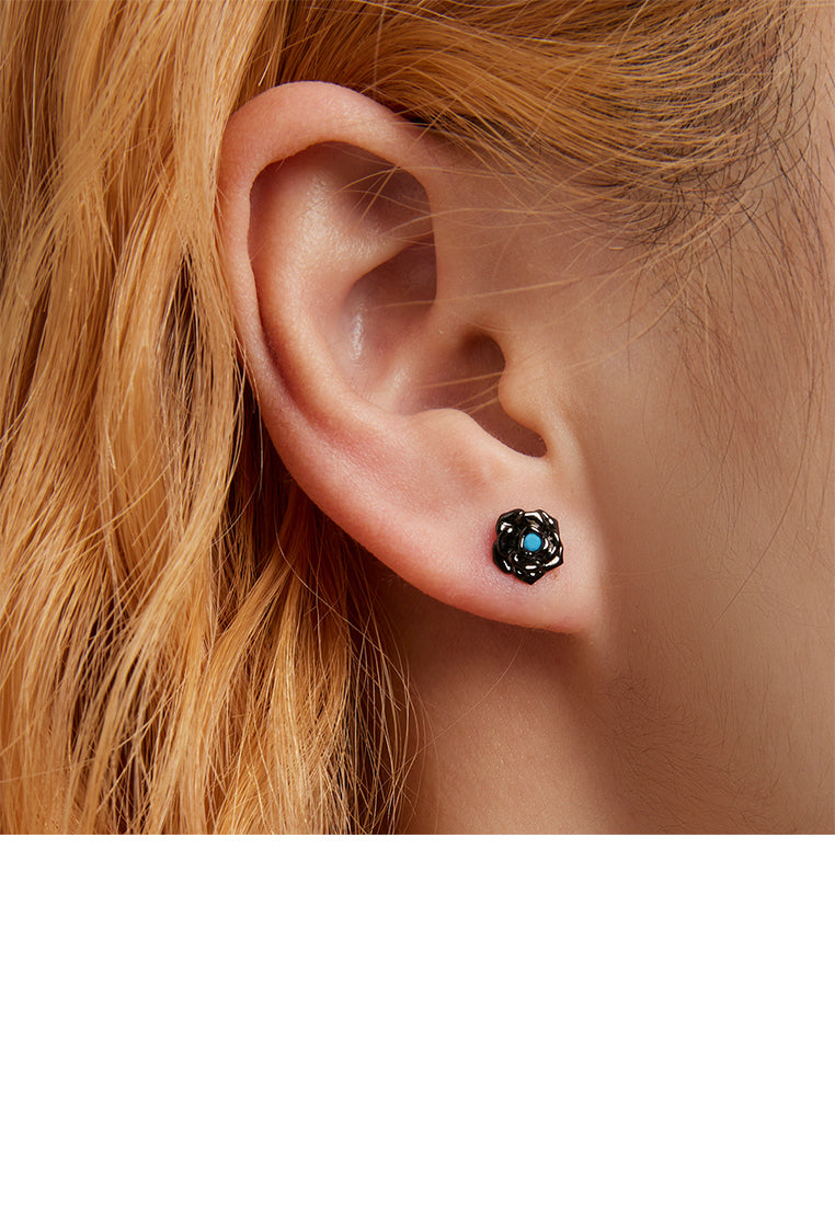 925 Sterling Silver Plated Black Fashion Romantic Rose Stud Earrings with Blue Cubic Zirconia - Luxurious Look