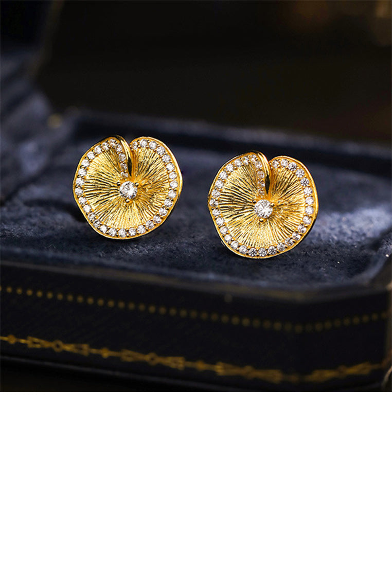 925 Sterling Silver Plated Gold Simple Personalized Lotus Leaf Shape Stud Earrings with Cubic Zirconia - Luxurious Look