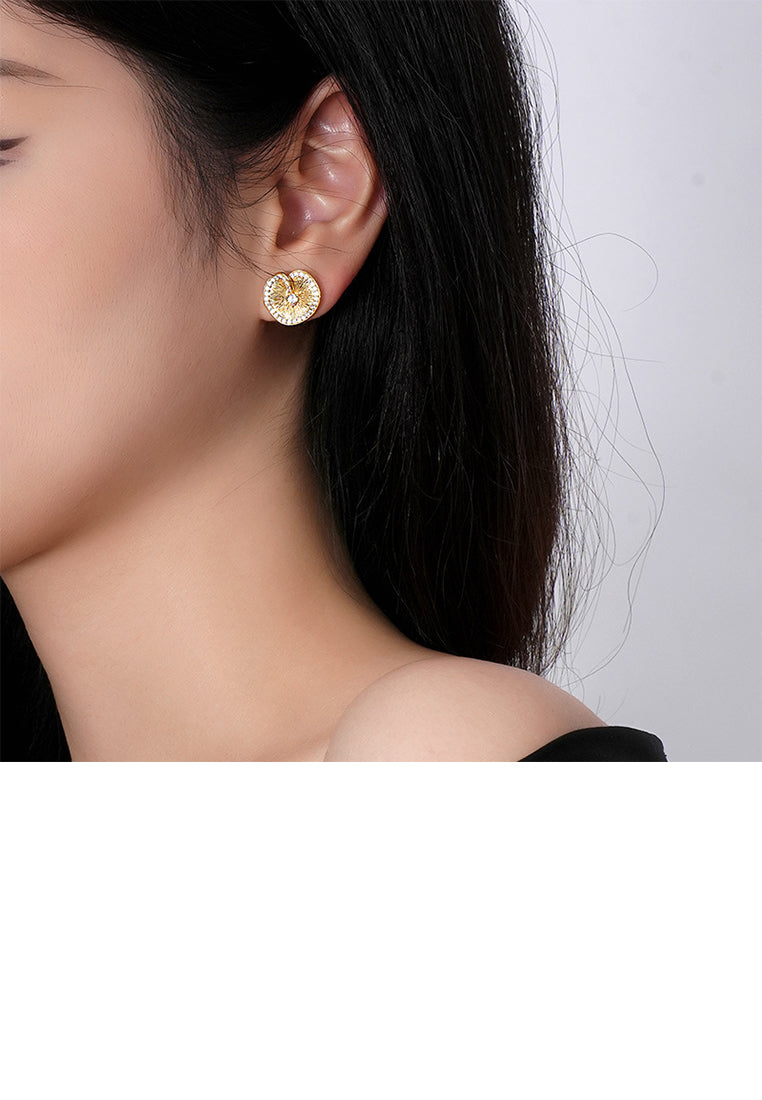 925 Sterling Silver Plated Gold Simple Personalized Lotus Leaf Shape Stud Earrings with Cubic Zirconia - Luxurious Look