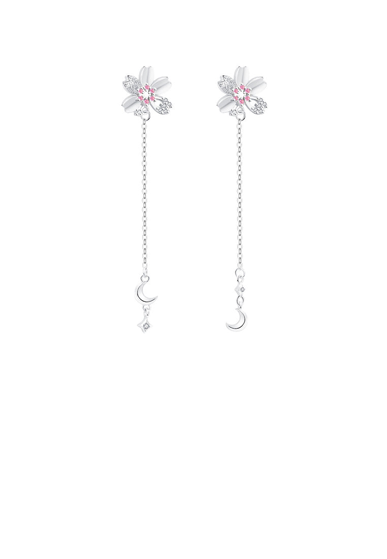 925 Sterling Silver Fashion and Elegant Cherry Blossoms Moon Tassel Earrings with Cubic Zirconia - Luxurious Look