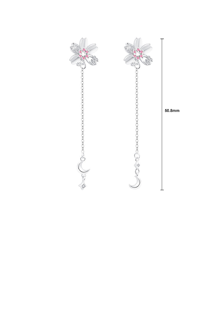 925 Sterling Silver Fashion and Elegant Cherry Blossoms Moon Tassel Earrings with Cubic Zirconia - Luxurious Look
