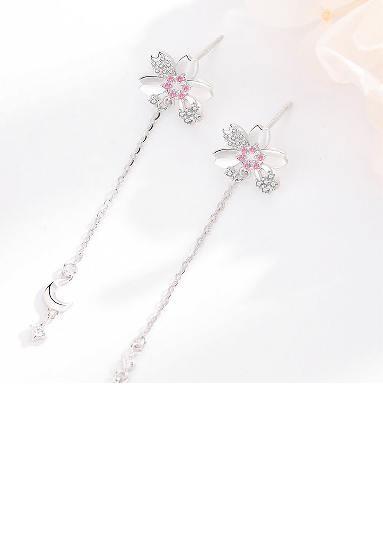 925 Sterling Silver Fashion and Elegant Cherry Blossoms Moon Tassel Earrings with Cubic Zirconia - Luxurious Look