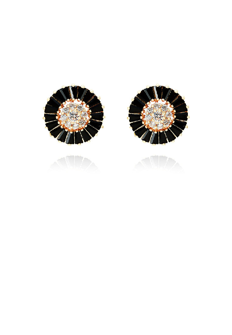 Simple Brilliant Plated Gold Geometric Round Stud Earrings with Black Cubic Zirconia - Luxurious Look