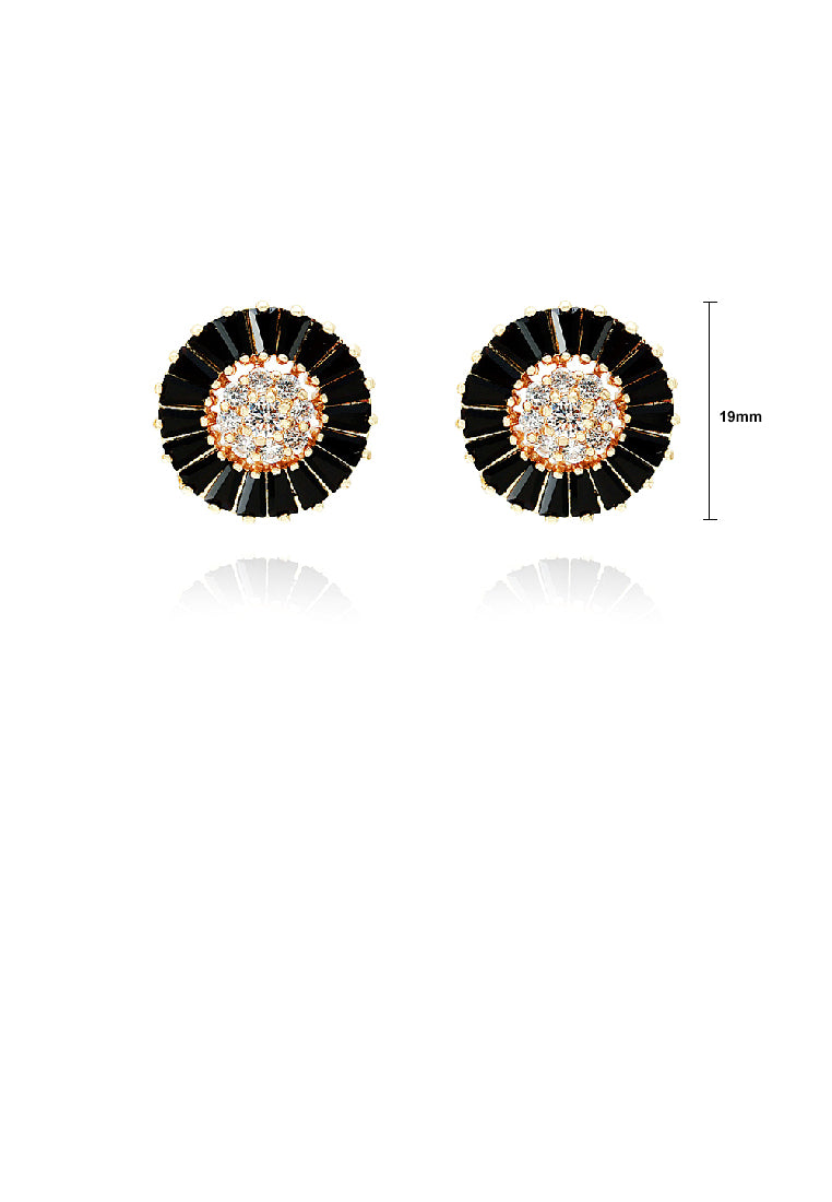 Simple Brilliant Plated Gold Geometric Round Stud Earrings with Black Cubic Zirconia - Luxurious Look