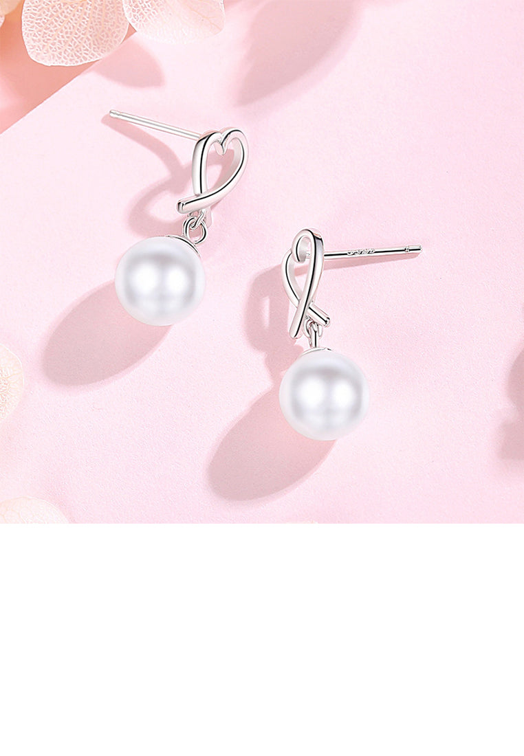 925 Sterling Silver Fashion Elegant Hollow Heart Imitation Pearl Earrings - Luxurious Look