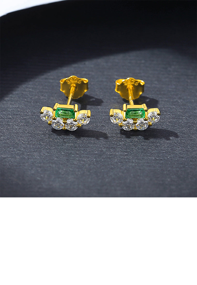 925 Sterling Silver Simple Plated Gold Fashion Geometric Stud Earrings with Green Cubic Zirconia - Luxurious Look