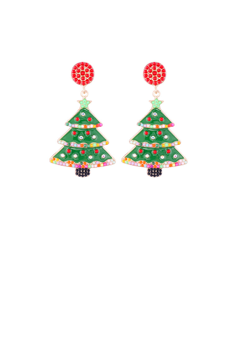 Simple and Fashion Plated Gold Enamel Christmas Tree Stud Earrings with Red Imitation Pearls - Vibrant Color