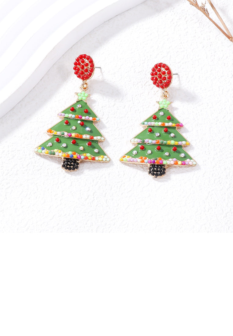 Simple and Fashion Plated Gold Enamel Christmas Tree Stud Earrings with Red Imitation Pearls - Vibrant Color