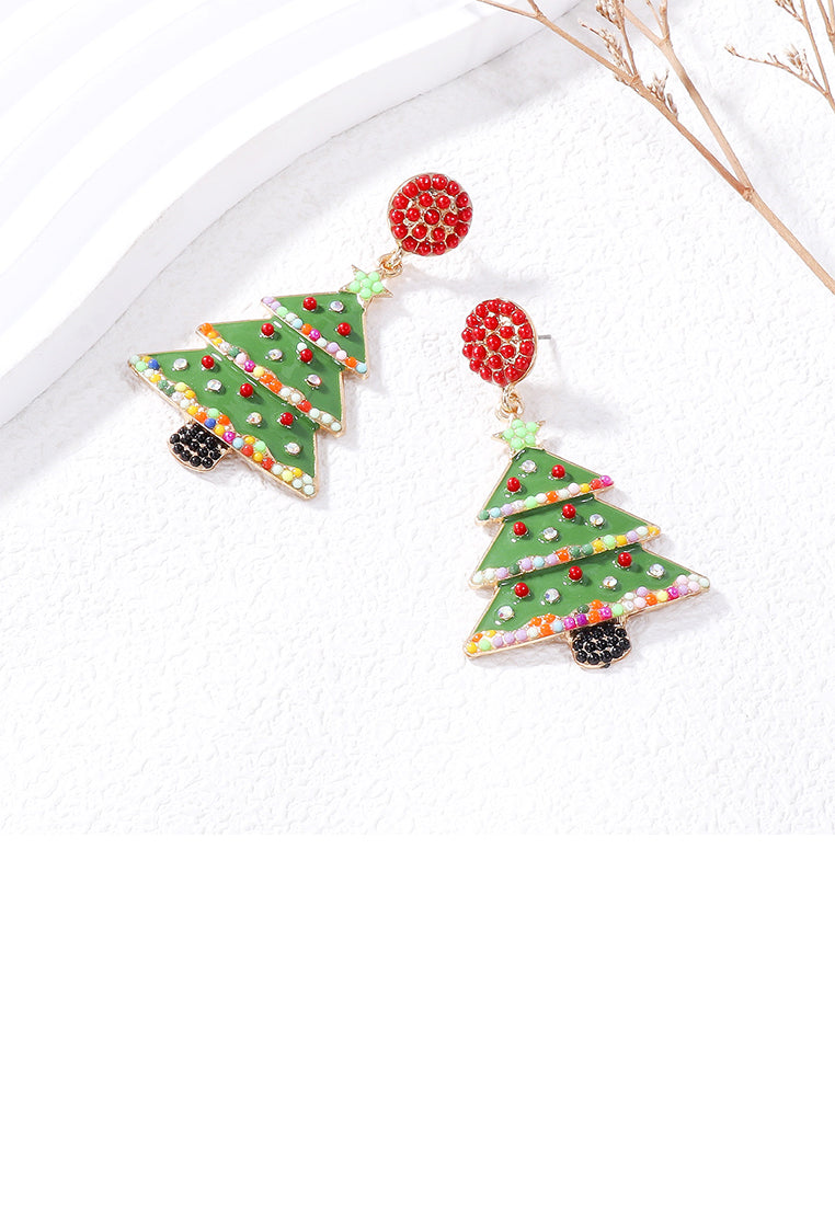 Simple and Fashion Plated Gold Enamel Christmas Tree Stud Earrings with Red Imitation Pearls - Vibrant Color