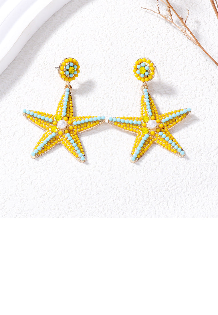 Fashion and Simple Plated Gold Five-pointed Star Imitation Yellow Pearl Stud Earrings with Cubic Zirconia - Luxurious Look