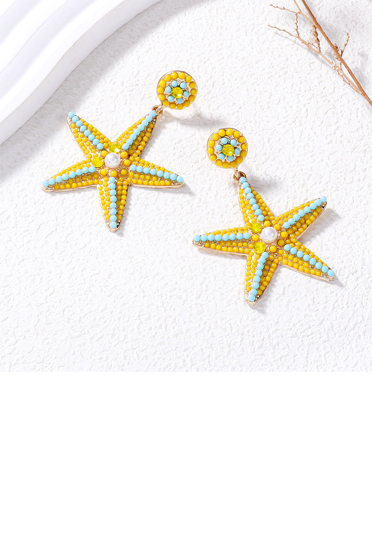 Fashion and Simple Plated Gold Five-pointed Star Imitation Yellow Pearl Stud Earrings with Cubic Zirconia - Luxurious Look