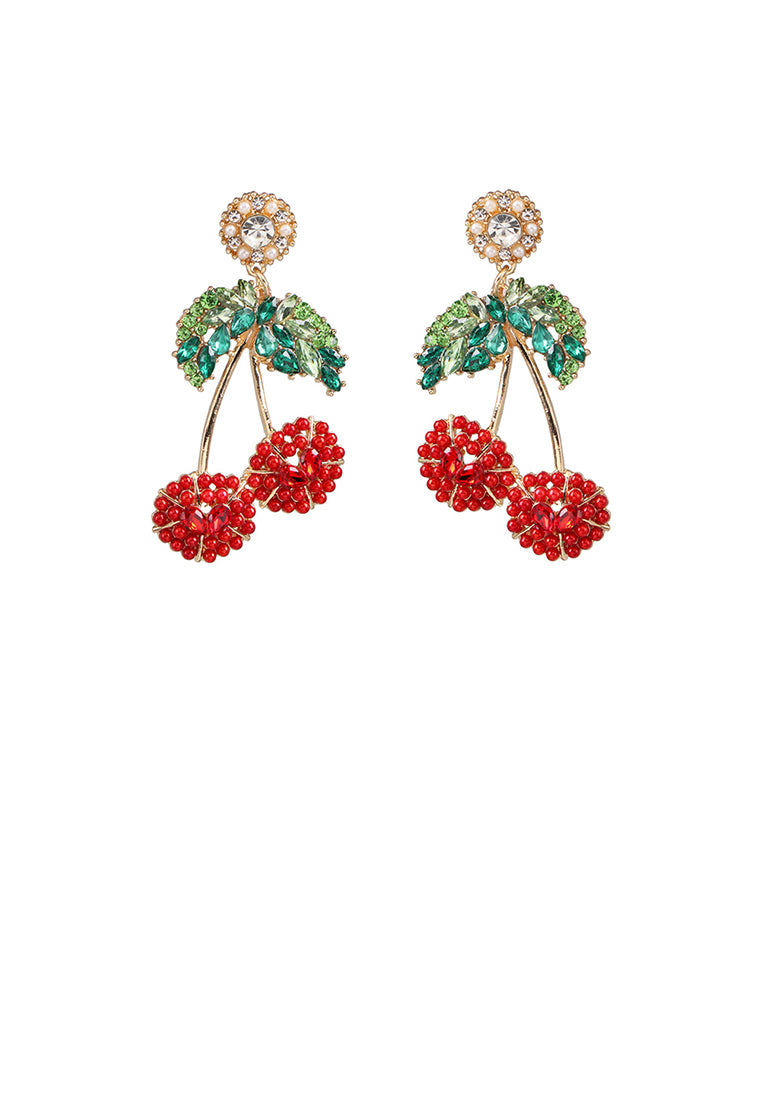 Fashion Sweet Plated Gold Cherry Stud Earrings with Red Cubic Zirconia - Luxurious Look - Vibrant Color